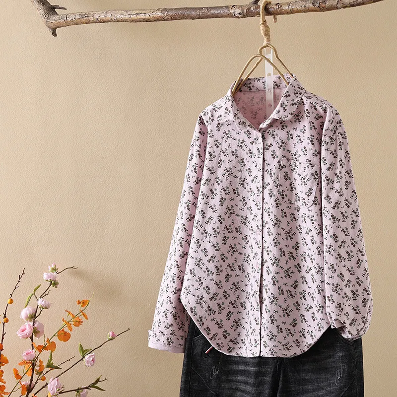 Plus size women's print shirts cotton brushed long sleeve blouses soft warm backing shirt Middle-aged women's clothing