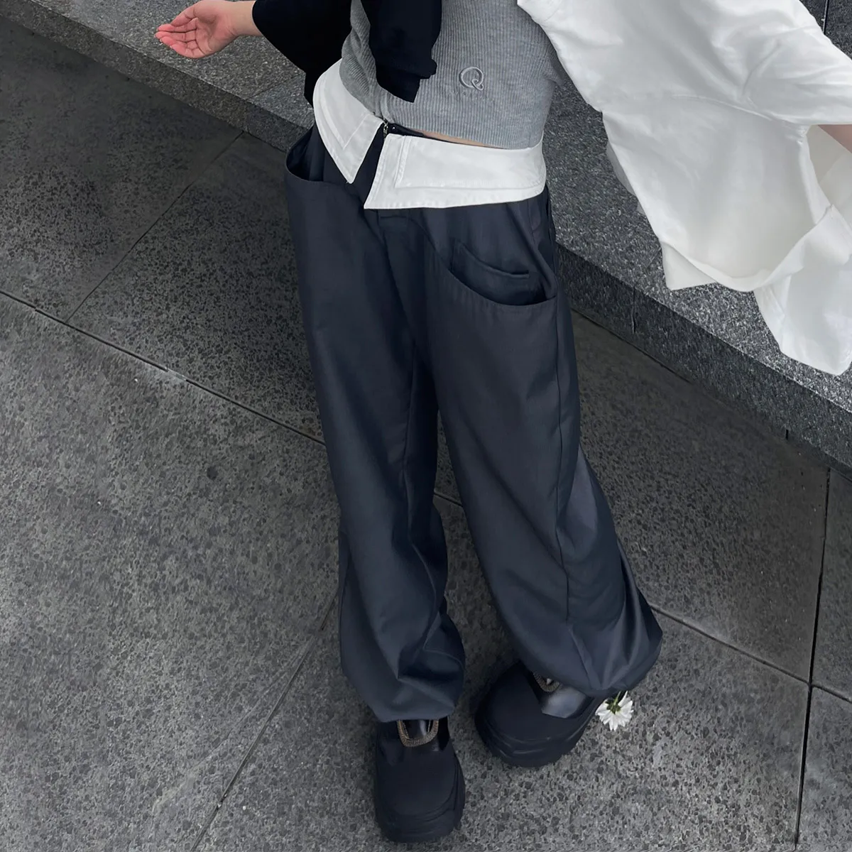 

Модные повседневные брюки BabesoQ с широкими штанинами, цветными блоками, глубоким V-образным вырезом, асимметричной двойной талией и низкой посадкой, из хлопка