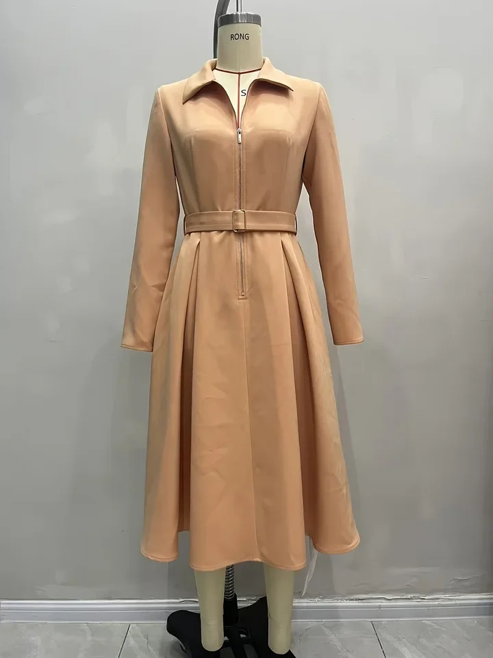 

Retro Elegant Women's Long Sleeve Collar Metal Zipper Decorative Belt A-Line Design Shirt Skirt - Comes with Belt