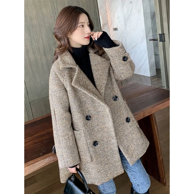 Handmade Sewn Double-sided Woolen Blazer Women Spring Autumn Plaid Wool Overcoat Office Lady Casual Suit Coat Thick Jacket