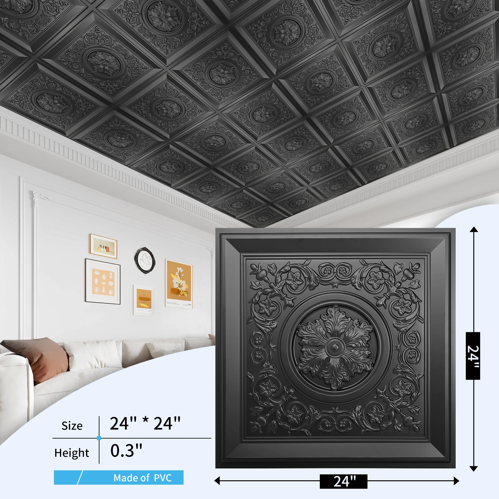 Art3d 12-pack 24 "x 24" بلاط السقف المتدلي، ألواح السقف الغراء المقاومة للماء، بلاط السقف ثلاثي الأبعاد على الطراز العتيق، ديكور السقف