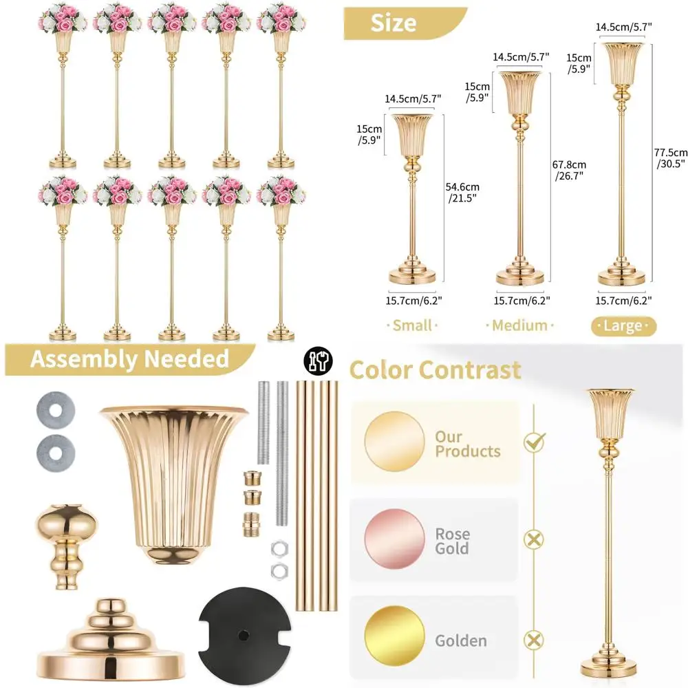 Elegant Tall Gold Wedding Flower Stand, Set of 10, 30.5 Metal Trumpet Vases for Party Decorations
