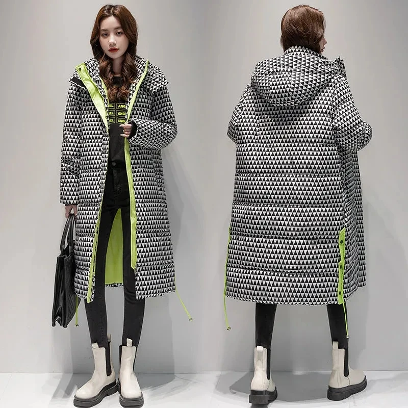 Winter Contrasting colors Hooded Jacket Fashion Casual Women Down cotton Thicken Coat Warm Parkas Windproof Female Long Overcoat