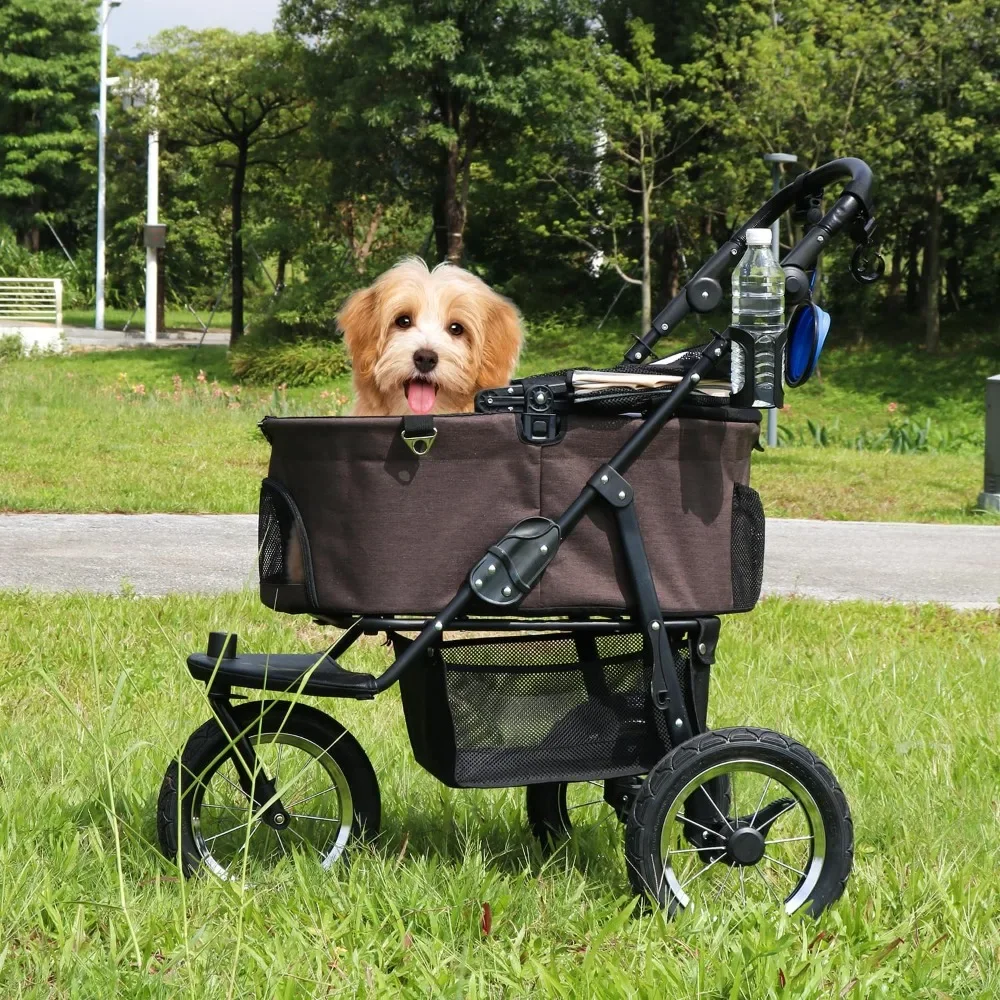 Pet Cart, No Zipper, Detachable One-Step Folding with Storage Space, Capacity 70 Pounds, Brown with Cup Holder Pet Cart