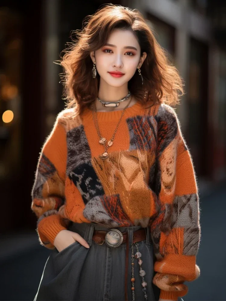 French Vintage Pullovers Long Sleeve Plaid Jacquard Design Casual Loose Sweaters Autumn Winter All Match 2024 Women's Clothing