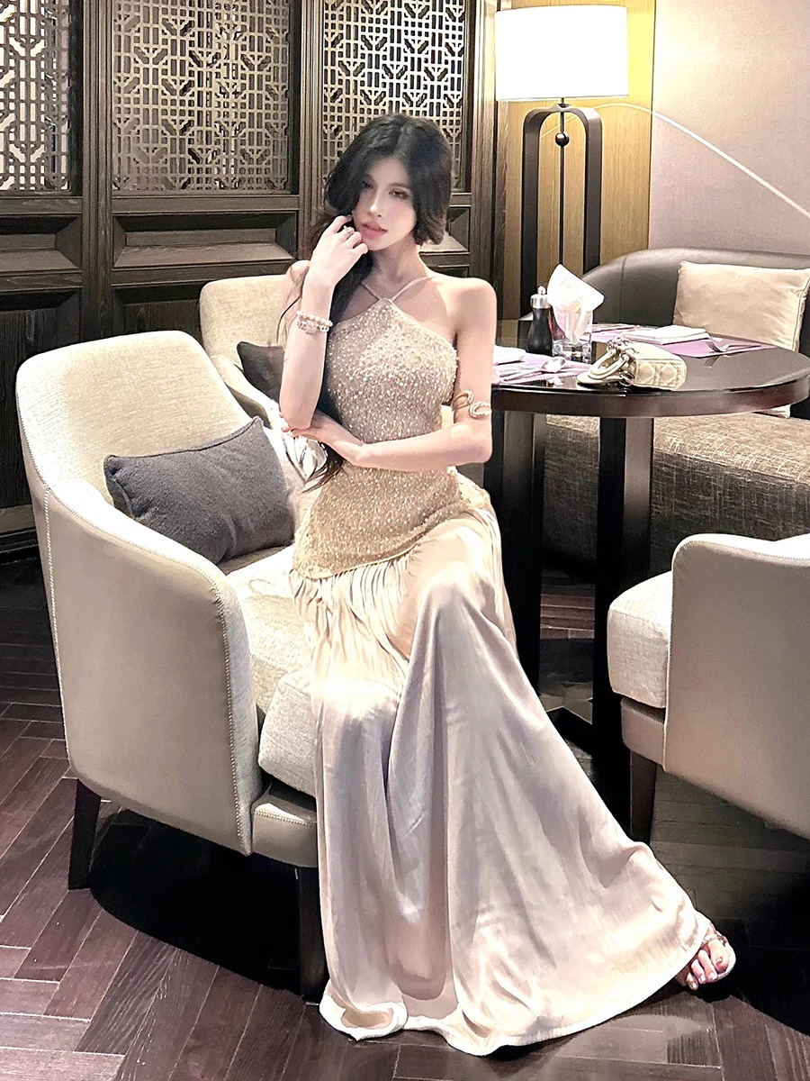 REDDACHiC Glitter Pailletten Spitze Frauen Party Kleid Patchwork Halter Leibchen Backless Maxi Langes Kleid Luxus Prom Abend Kleidung