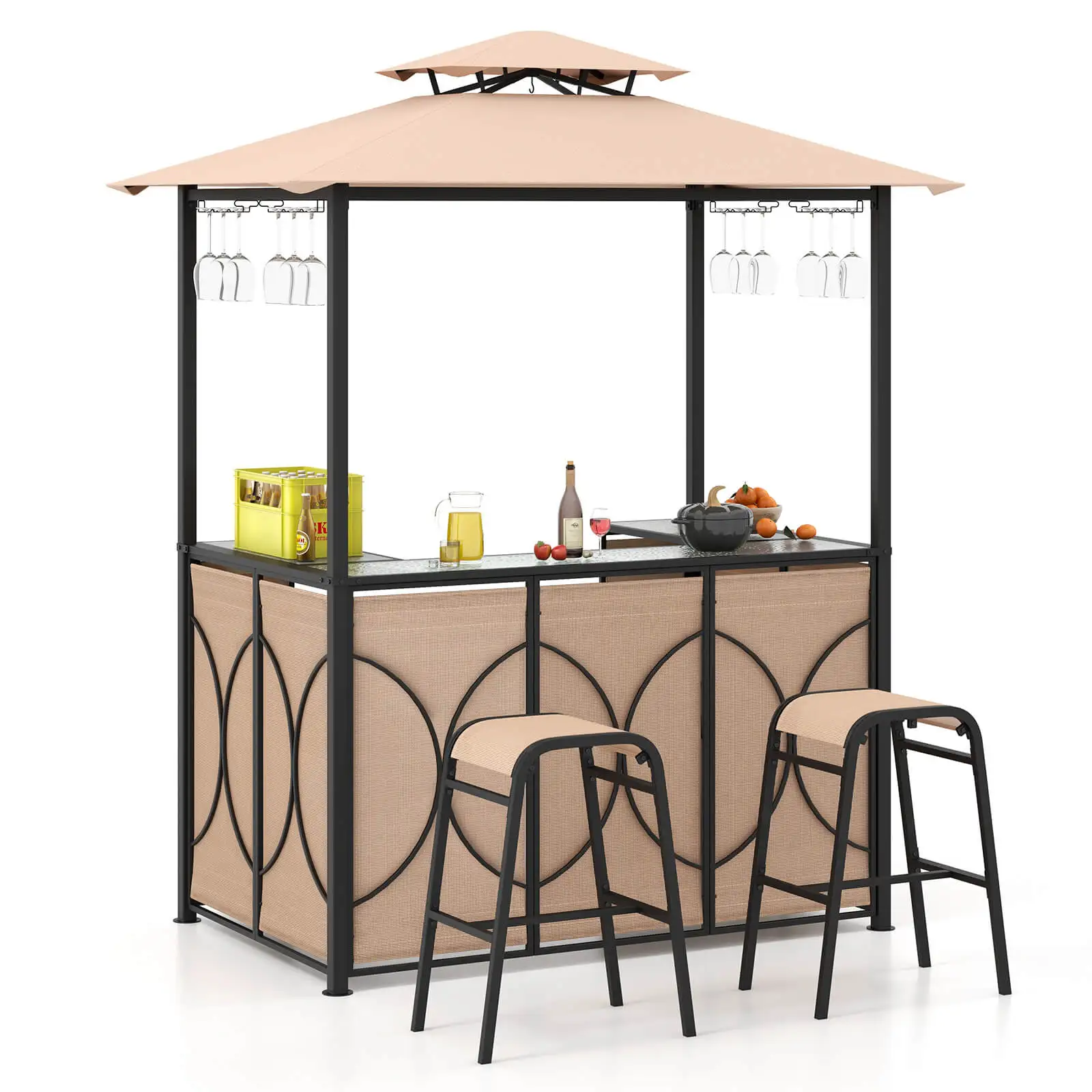 3 PCS Patio Bar Set with Tempered Glass Bar Table Metal Storage Shelves for Garden Brown