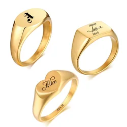 Personalized Stainless Steel Signet Ring In Gold Color Engraving Initial Letter Pinky Women Ring