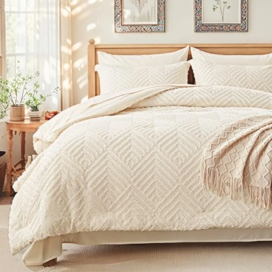 

Комплект постельного белья из 7 предметов: кремовый стеганый комплект для кровати с одеялом и простынями, всесезонный, в стиле бохо, с 1 одеялом и 2 пододеяльниками.