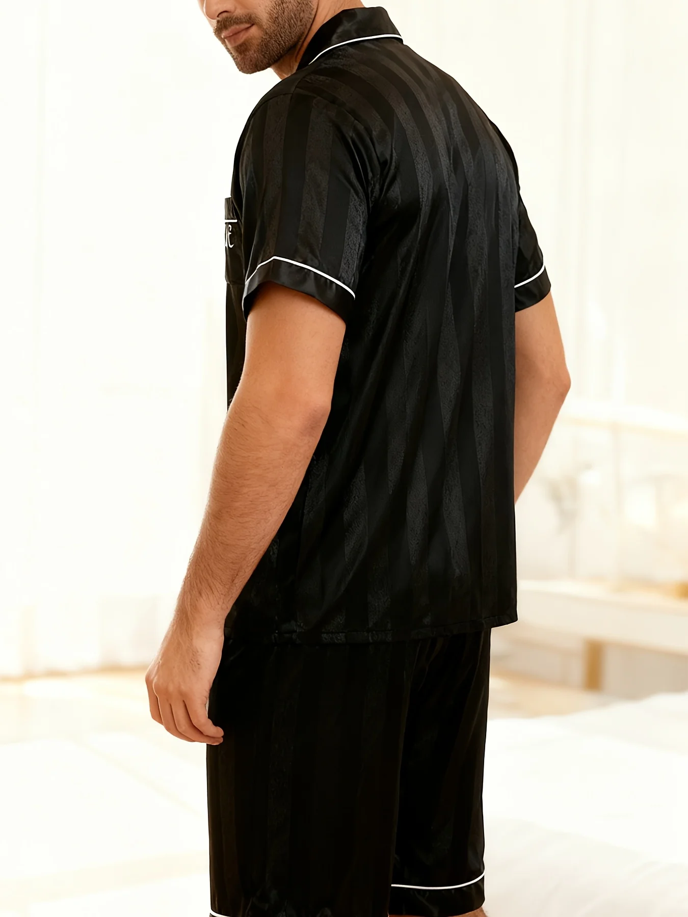 2pcs Men'S Short-Sleeve Shorts Set Black Striped Embroidered Letter Casual Homewear With Lapel Collar for Spring/Summer Pajama