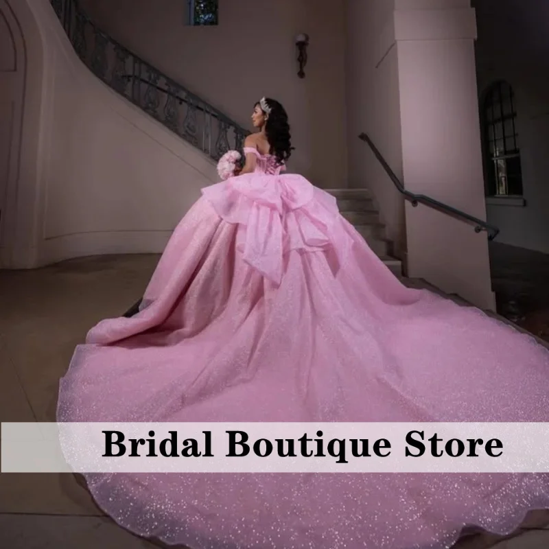 Customized Shiny Pink Quinceanera Dresses Off the Shoulder crystal applique layering Bow Long tail Vestido De 15 Quinceanera