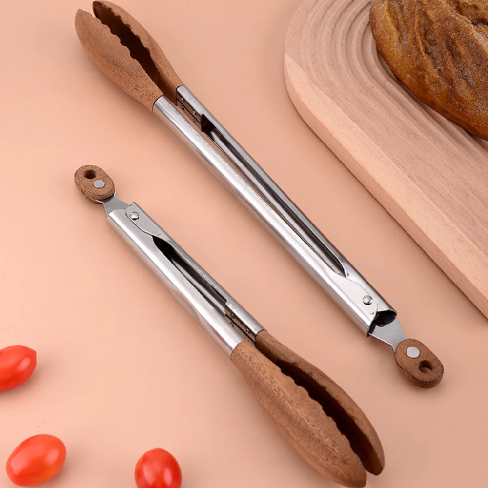 Non-Stick BBQ Grilling Tong Walnut Wood with Stainless Steel Handle Cooking Tong Easy to Use Durable Salad Bread Dessert Tong