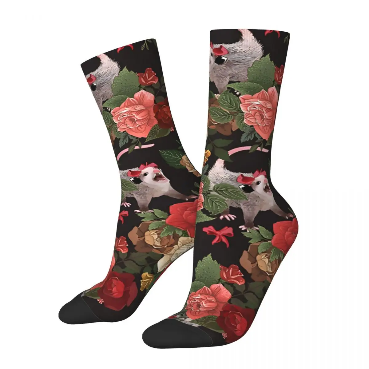 Funny Crazy Sock for Men Opossum Rose Floral Harajuku Opossum Quality Pattern Printed Crew Sock Seamless Gift