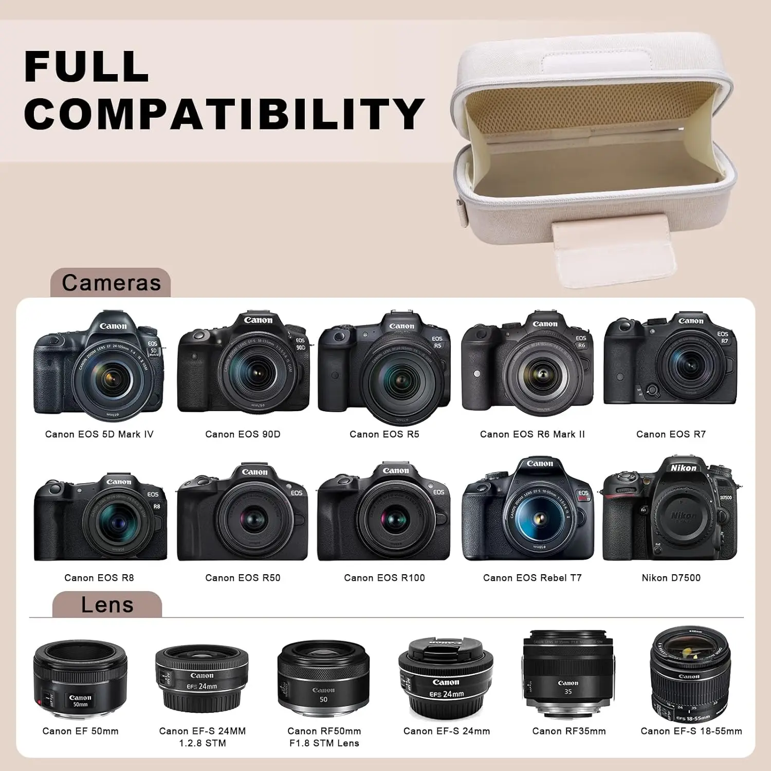 حافظة كاميرا Canon EOS Rebel T7، R100، R50، R6 Mark II، 5D Mark IV، R7 مع حزام كتف، بيج #2