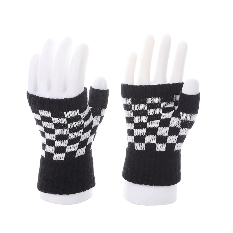ハーフフィンガーグローブ レディース 韓国語バージョン 市松模様の対照的な色 暖かく耐寒性のライティングニット手袋