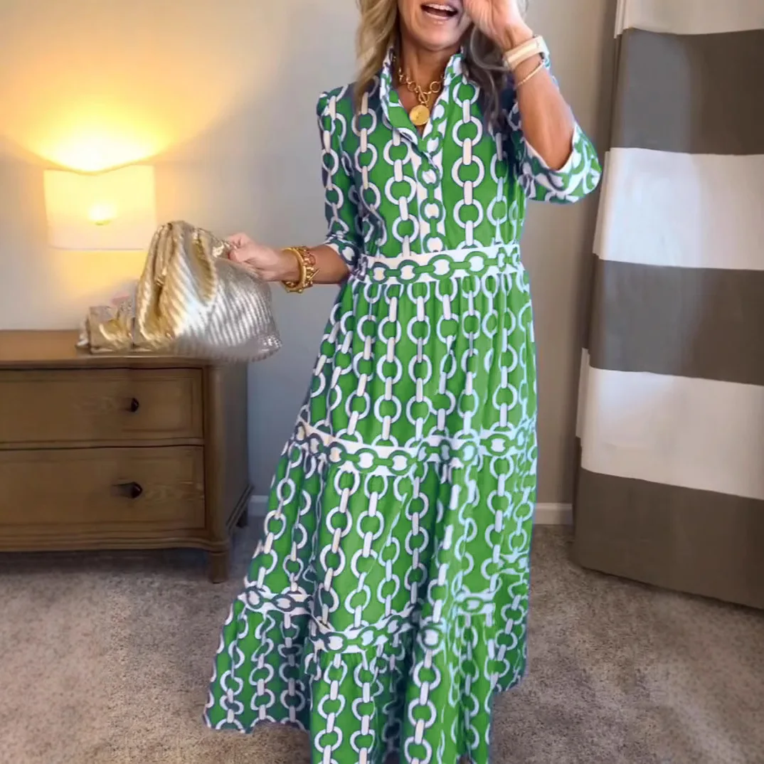 กระโปรงยาวพิมพ์ลายเรขาคณิตสไตล์เรโทรปี 2025 สำหรับผู้หญิง แฟชั่นใหม่ฤดูใบไม้ผลิและฤดูใบไม้ร่วง เสื้อแขนยาวทรงหลวม สไตล์ลำลองสำหรับเดินทาง