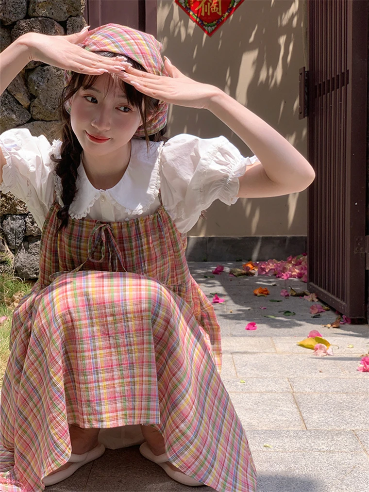 المرأة عادية بلا أكمام المتضخم السباغيتي فستان بحزام 2025 شاطئ حفلة شيك فضفاض فستان الشمس الصيف اليابان نمط فستان منقوش