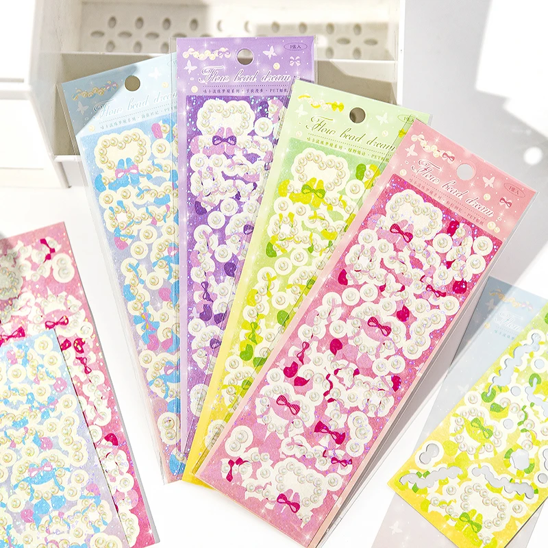 Shining Pearl Ribbon Flower Stickers For Scrapbook Girls DIY Sticker for Phone Laptop Photo Album Decorate Gift