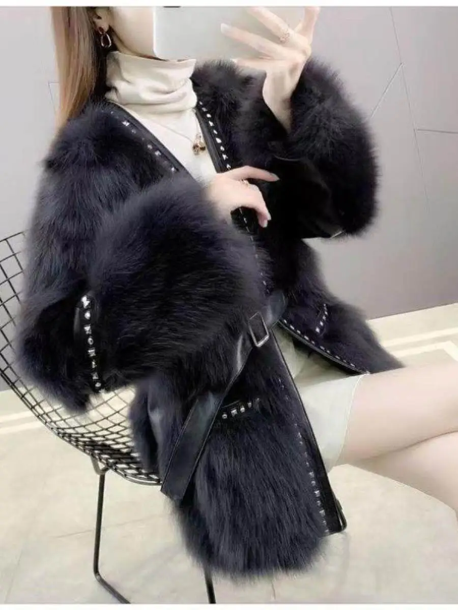 

Thiened Fur Coat Women's Sle Rivet Decoration Waist-Cinching Design Open Cardigan Coat Warm Casual Sle