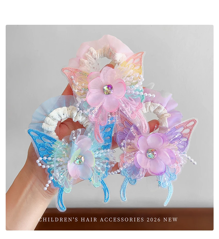 Neue Niedliche Schmetterling-Stoff-Scrunchies für Frauen und Mädchen 2026 Modische Feenprinzessin-Stil Hochelastische Haargummis Pferdeschwanzhalter – Detail 6