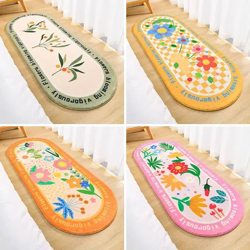 Simple Nordic Style Rug Girl Bedroom Soft Plush Long Carpet Bed Front Cushion Flower  Pattern Floor Mat Room Decoration