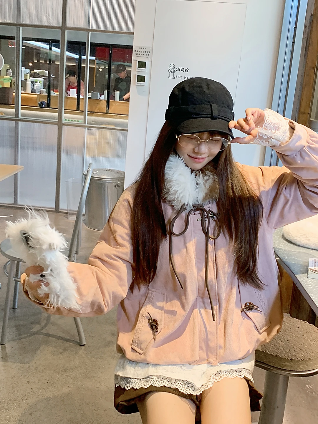 Cute Short Cotton Jacket Women's Winter Coat Small Size Friendly Fur Collar Zipper Closure Warm Commute Style