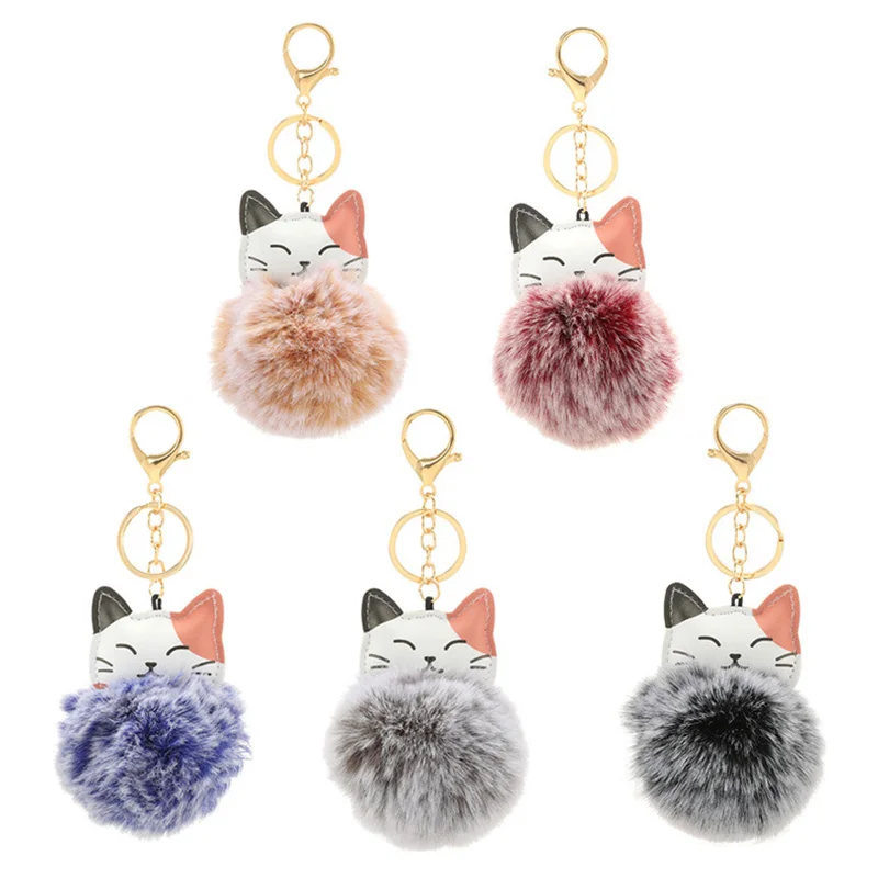 New Fashion PU Leather Animal Cat Keychain Soft Faux Rabbit Fur Pompom Fluffy Hairball Key Chain Women Bag Hanging Decorations