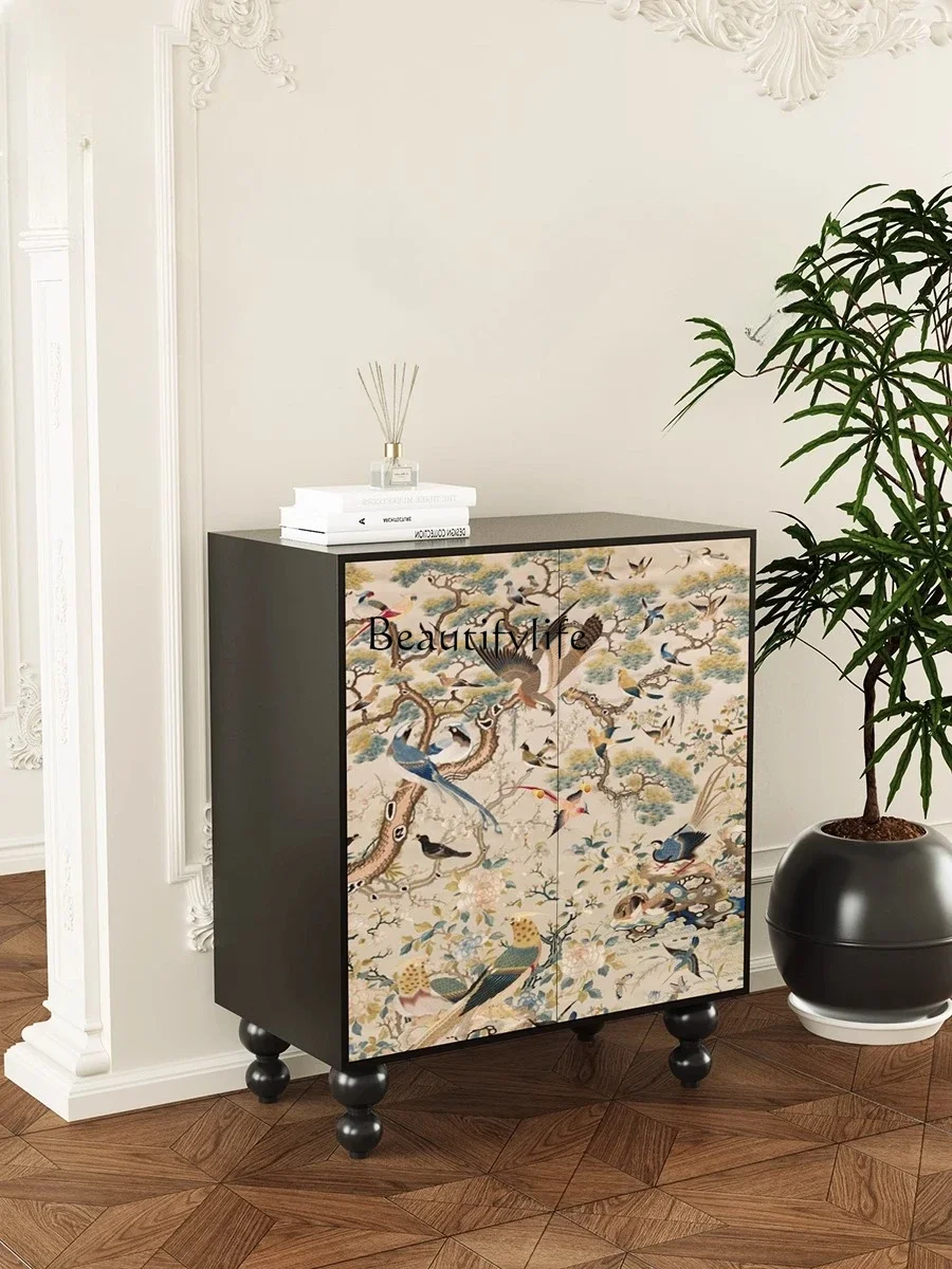 

yj7 French Retro Floral and Bird Decorative Cabinet for Home Use, Solid Wood Entryway Multi-Functional Storage Cabinet