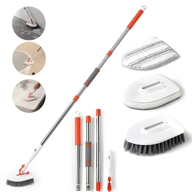 New Sponge Wiper Bathroom Cleaning Brush 3 Section Pole for Shower Tile Tub Floor Scrub Hard Hair 180° Rotating Floor Brush