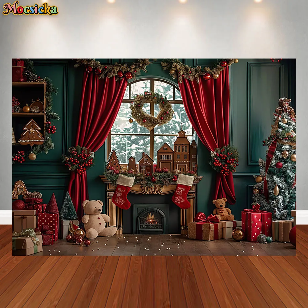 Christmas Room Photography Background Xmas Tree Gifts Windows Holiday Decoration Supplies Kids Portrait Backdrop Studio Props