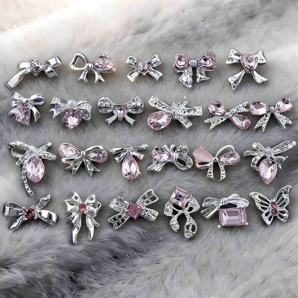 

10PCS 3D Luxury Alloy Bow Nail Art Charms Pink Rhinestone Accessories For Nails Decoration Manicure Decor Supplies Material Tool