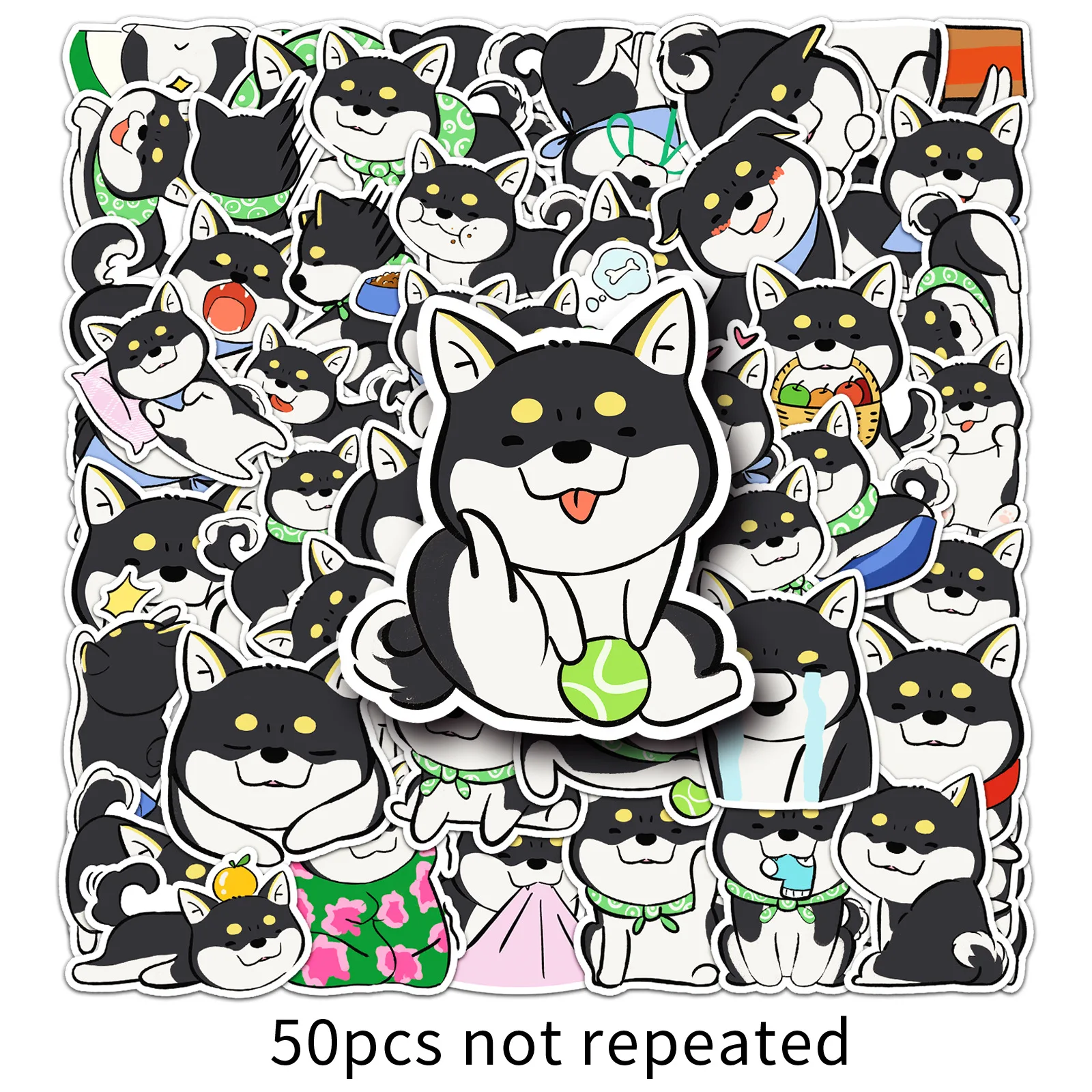 Paquete de 50 Pegatinas de Shiba Inu Negras, Lindas y Resistentes al Agua, Calcomanías de PVC de Perros Akita de Dibujos Animados para Niños, Adolescentes, Diarios, Patinetas y Regalos