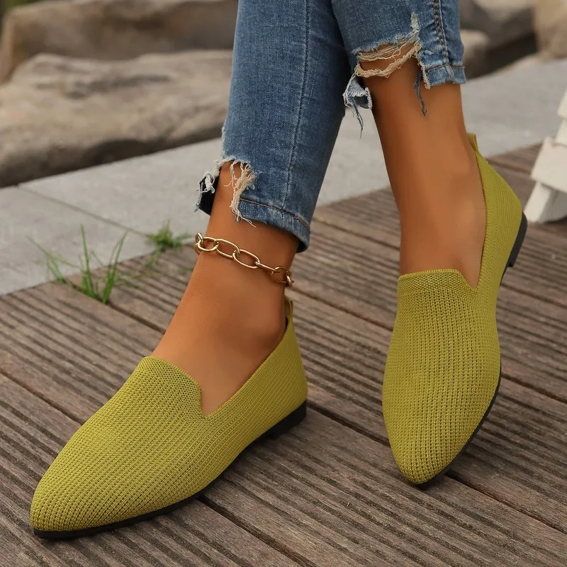 Stretch Knitted Ballet Flats for Women Summer Breathable Shallow Slip-on Loafers Fashion Pointed Toe Solid Color Non-slip Flats