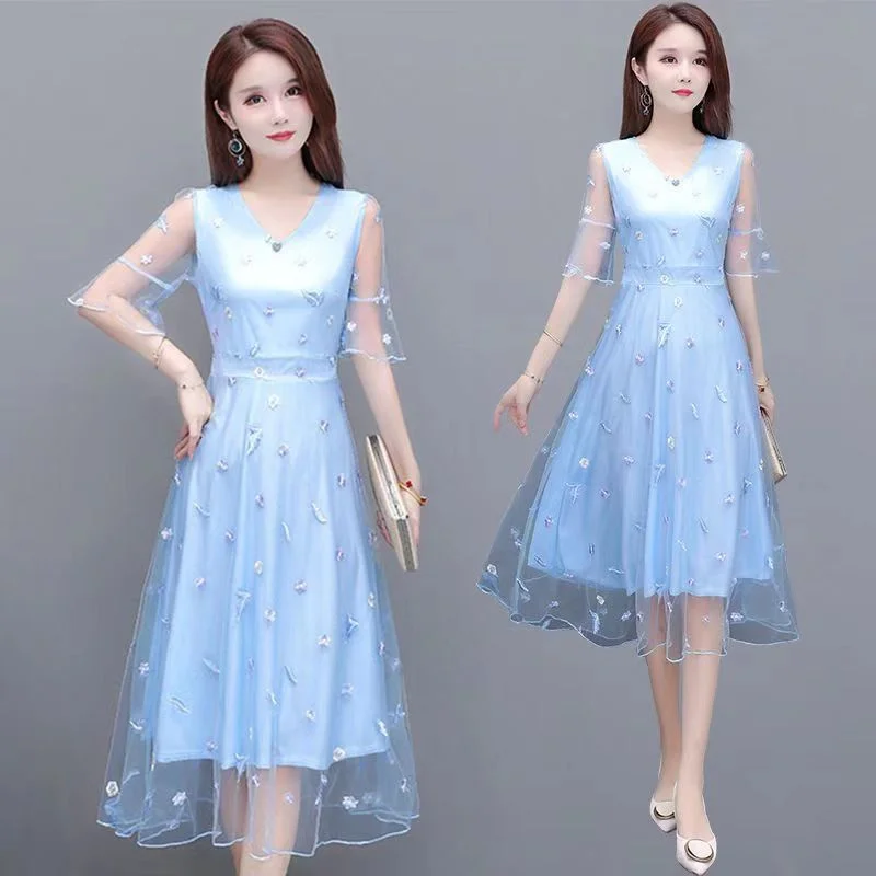 2025 신상 봄 여름 여성 중국풍 미니 원피스 패션 플로럴 메쉬 자수 슬리밍 스커트 여름 스윗 리틀 스커트