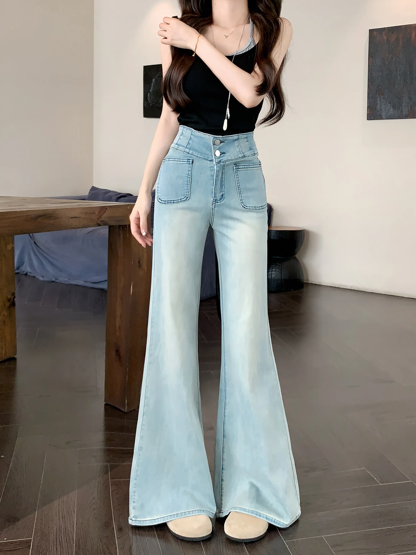 

Женские шикарные узкие расклешенные джинсы с высокой талией, женская летняя уличная одежда, узкие джинсы полной длины с двумя пуговицами