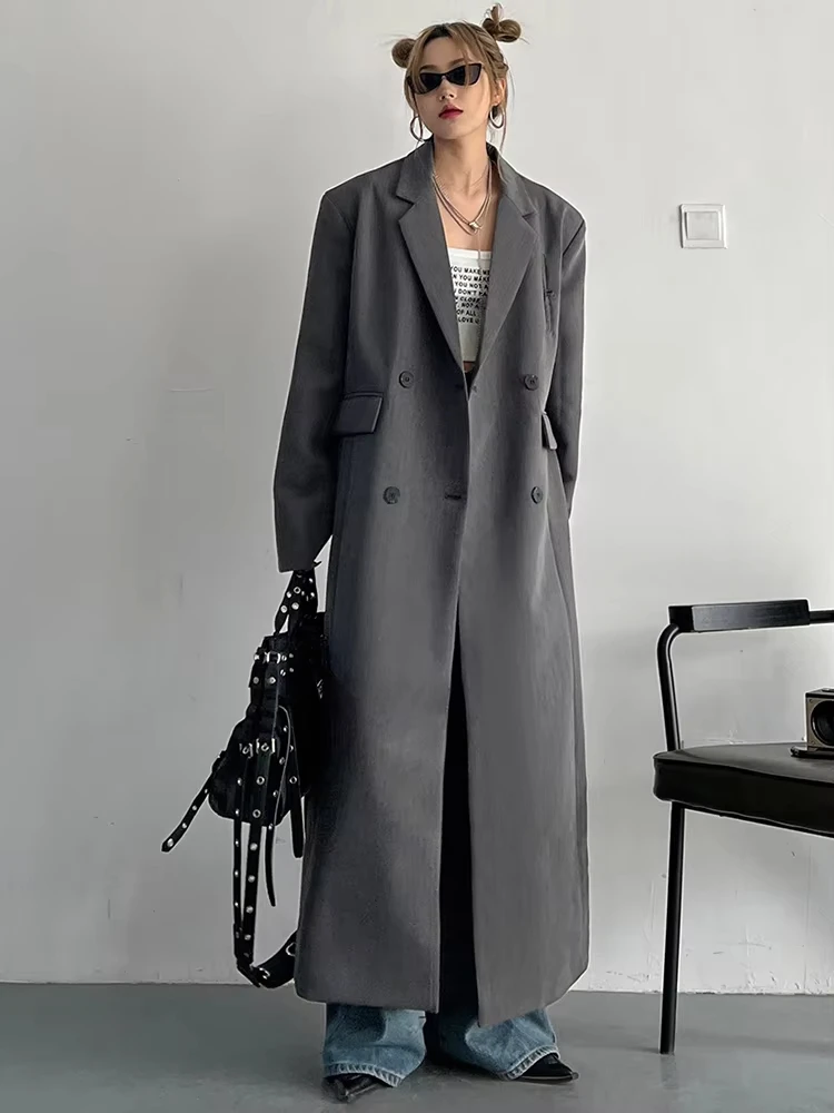 

Women Gray Brief Long Big Size Elegant Trench New Lapel Long Sleeve Windbreaker Fashion Tide Spring Autumn 2024 1DF8351