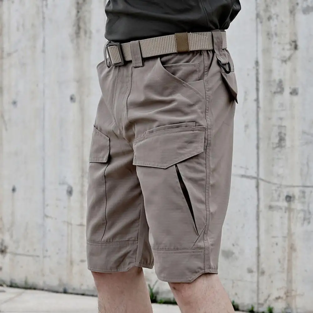 Solid Color Casual Shorts Men\'s Summer Cargo Shorts with Elastic Waist Multiple Pockets Wear-resistant Fabric for Outdoor