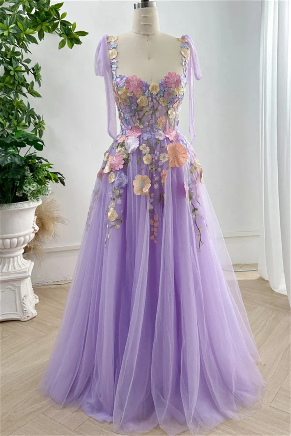 Annie Princess Embroidered Florals Prom Dresses Spaghetti Straps In Tulle Lavender Purple Evening Dresses Vestidos De Fiesta