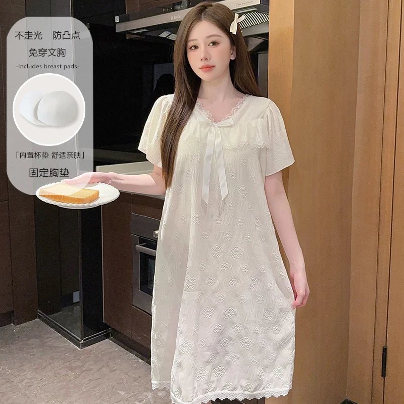 

Pajamas women's summer short-sleeved cute, pure lust style, lace, with breast pad, long, nightdress, 2026 new style