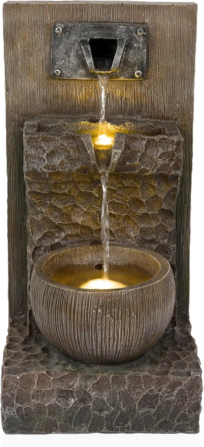 3-Tier Indoor/Outdoor Water Fountain with LED Lights, Cascading Design, 20" Height, Brown