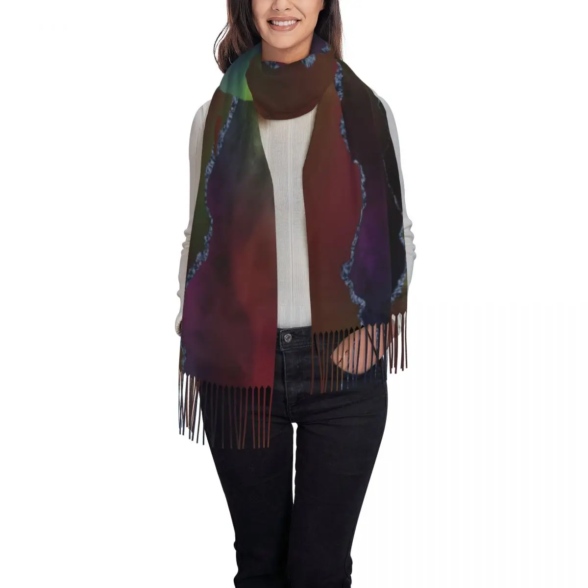 Rainbow Ombre Scarf with Long Tassel Marble Print Keep Warm Shawls and Wrap Lady Design Headwear Scarves Winter Casual Foulard