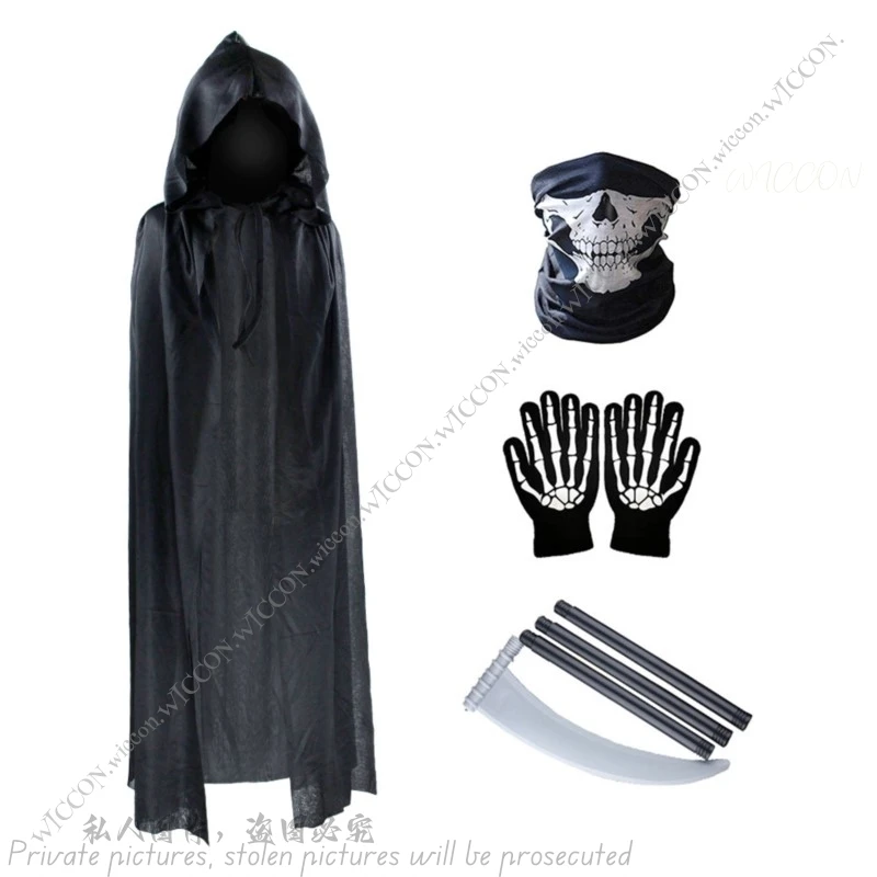 New Terror Halloween Party Cosplay Children Adult Death Black Cloak Halloween Death Skull Skeleton Ball Costume Prop Set Cloak