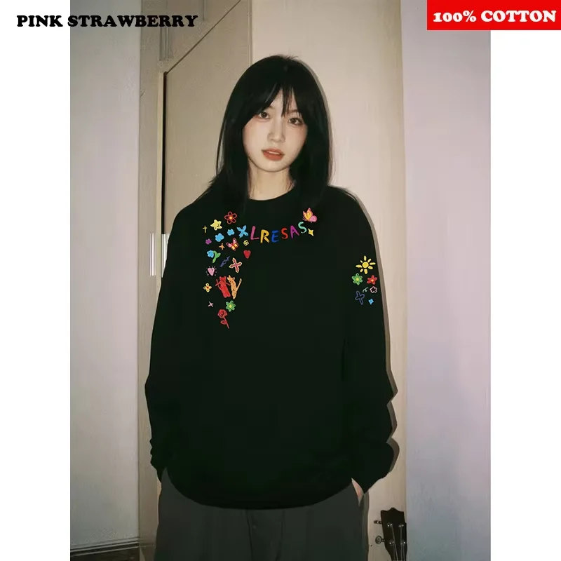 

Милая черная футболка с граффити, женская летняя футболка 2024, новинка, 100% хлопок, корейская повседневная футболка с длинными рукавами, топ Y2k kawaii, женская одежда