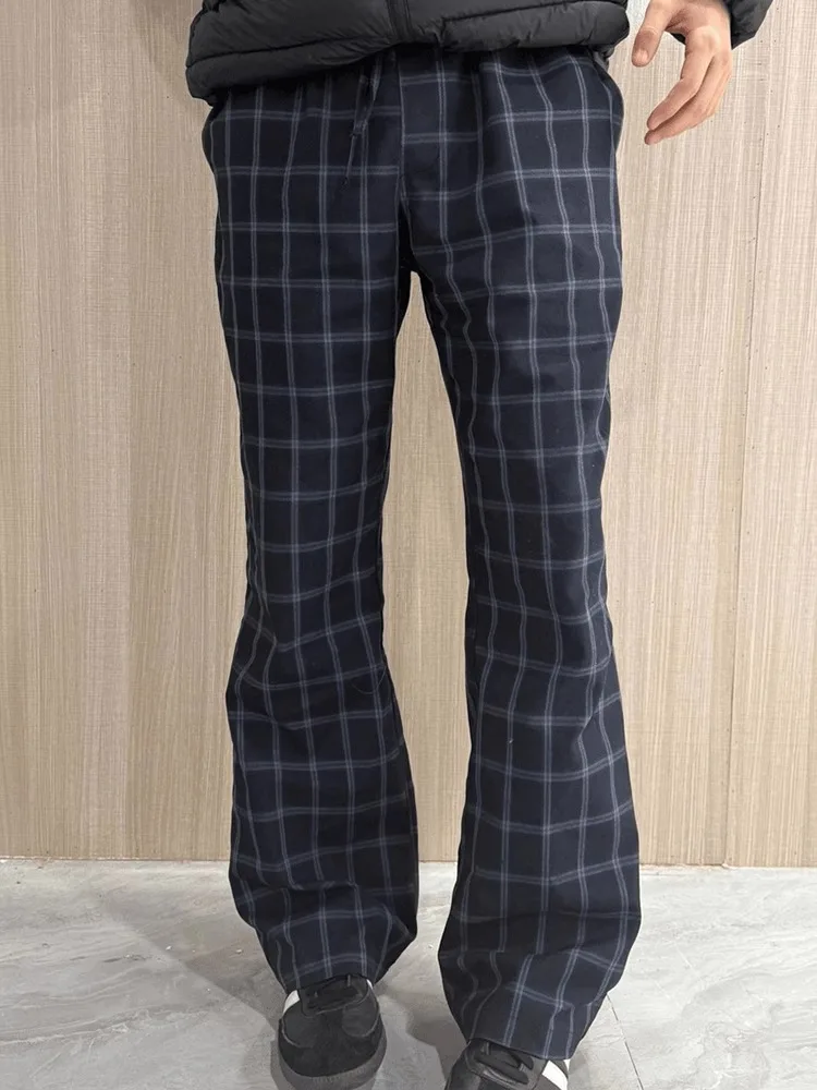 Deep Blue Plaid Bell Bottoms for Men Summer Casual Loose Slimming Pants American High Street Style Straight Leg Trousers