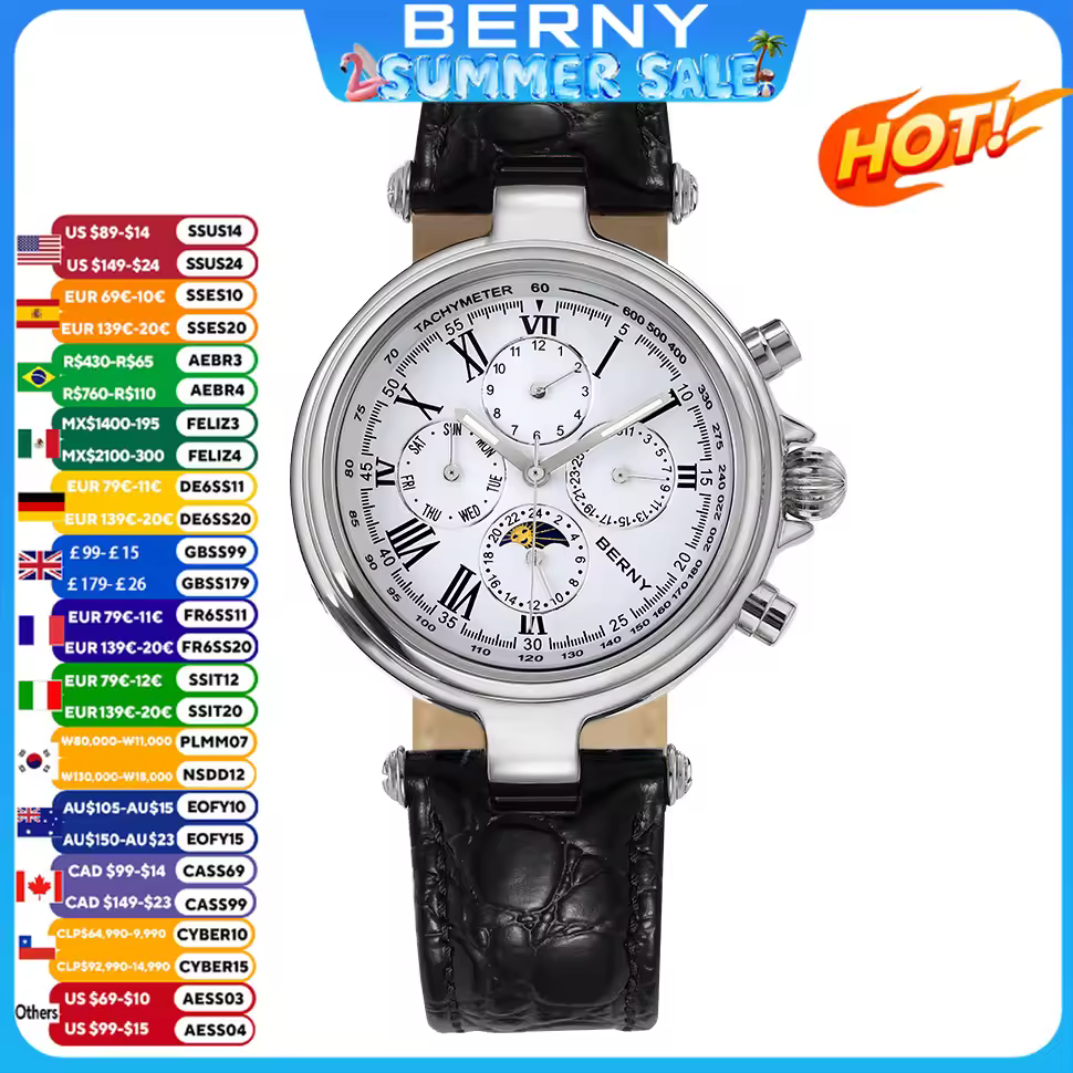 BERNY-Relógio automático clássico masculino, aço inoxidável, relógio de pulso mecânico, pulseira de couro, impermeável, relógios Sliver, vestido luxuoso