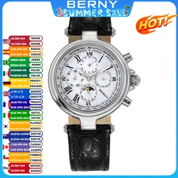 BERNY Classic Dress Automatic Watch for Men Luxury Stainless Steel Mechanical Wristwatch Leather Strap Waterproof Sliver Watches