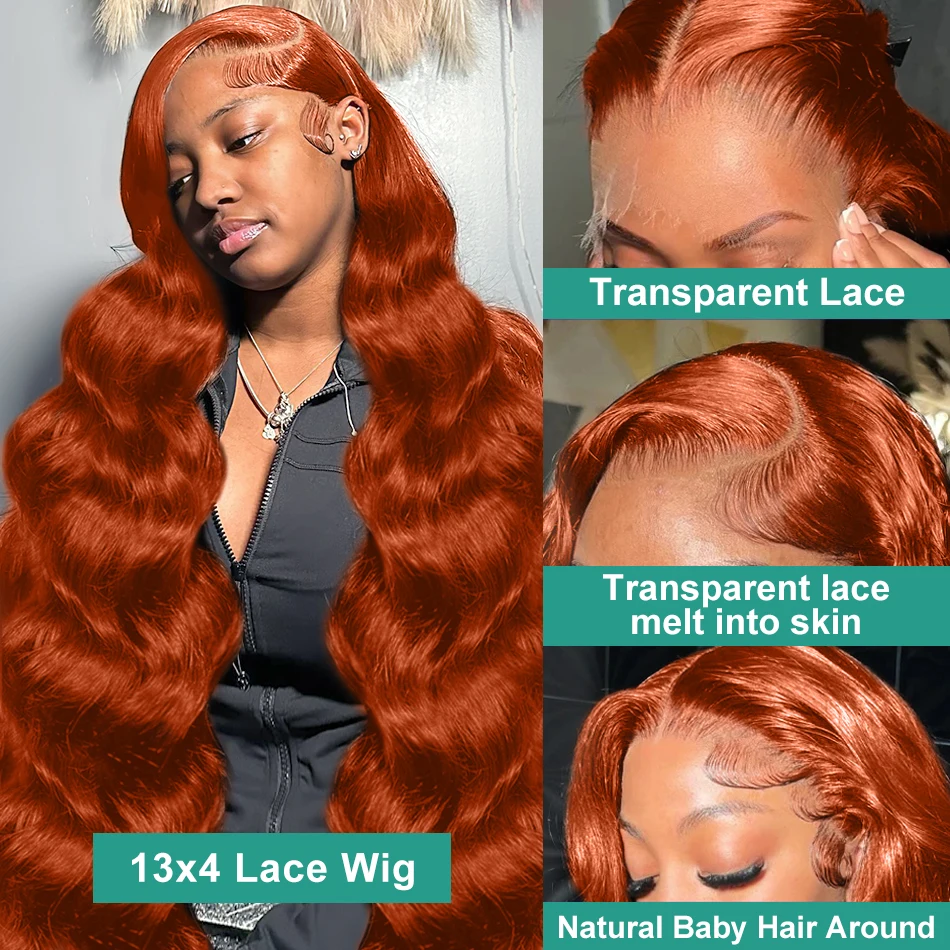 Melodie HD 13x6 220% 30 38 Inches Body Wave Ginger Orange Transparent Lace Front Human Hair Wigs 13x4 Lace Frontal Remy Hair Wig