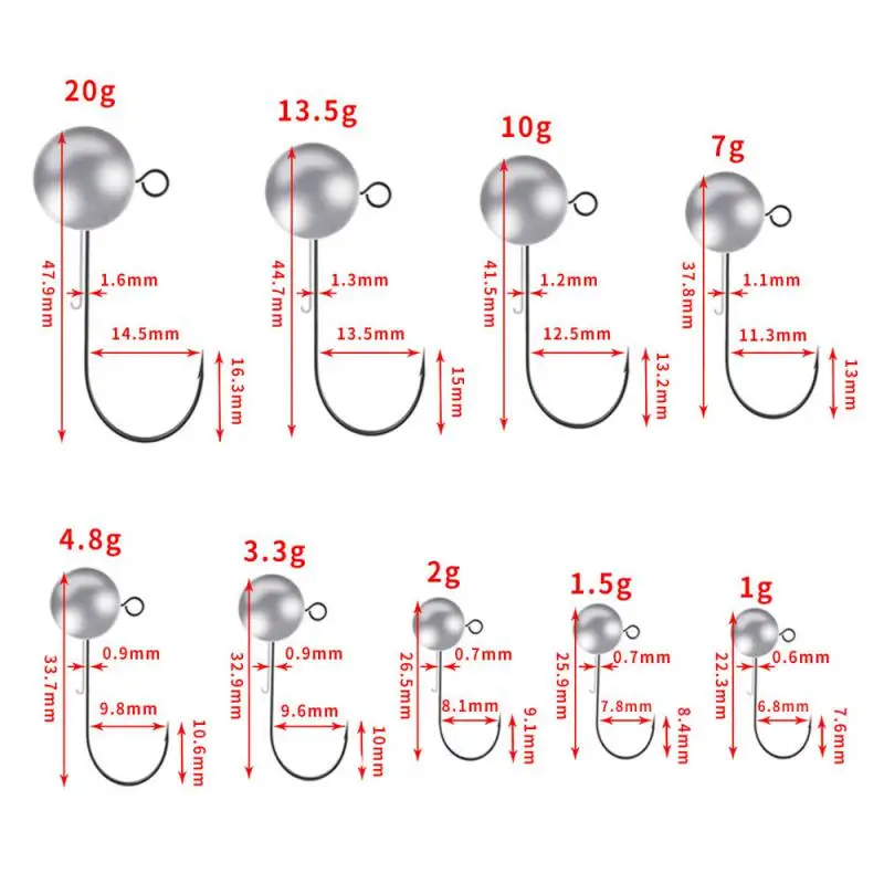 Weedless Jig Head Worm Fishing Hook  20g 13.5g 10g 7g 4.8g 3.5g 1.5g 2g 1g Round Ball Jig Head Fishhook Soft Worm Accessories