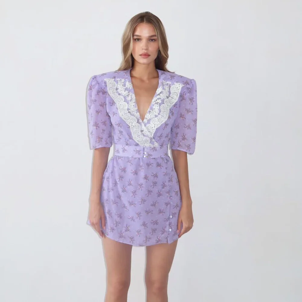 Patchwork V-neck Lace Women Dress Purple Short Sleeve Print Floral Dress Female Autumn Slim Elegant Party Club Dress