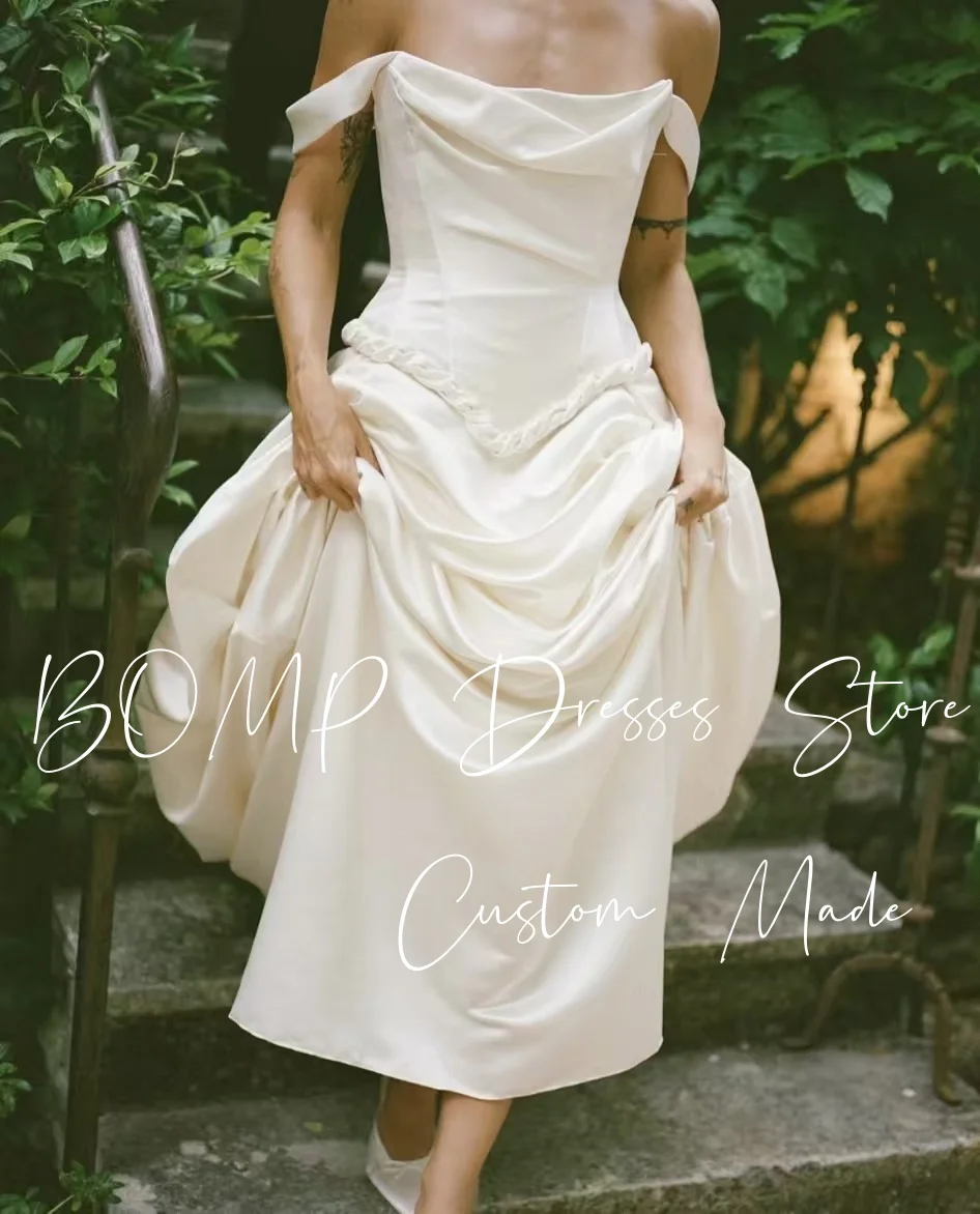BOMP Elegant Draped ชุดแต่งงานปิดไหล่ Sweetheart Sweep Train Ivory Silk Taffeta ชุดเจ้าสาวที่กําหนดเอง Robe De Mariée